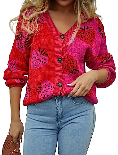 Yellow Cardigan - ECOWISH Women Floral Cropped Cardigan Fall Long Sleeve Open Front Fuzzy Daisy Print Knit Sweaters Casual Y2k Outerwear Strawberry(red)