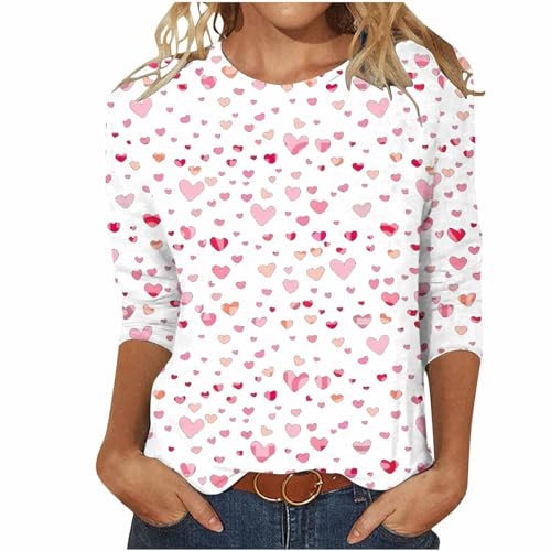 Heart Shirt - Valentines Day Shirts for Women Aesthetic Cute Love Heart Print TShirt 34 Length Sleeve Tunic Tops Cotton Pullovers Love 2&white