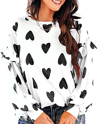 Heart Shirt - Ivay Womens Heart Printed Long Sleeve Tops Tee Shirts Z-white-black