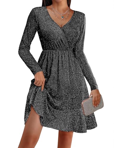 Christmas Party Dress - Zeagoo Long Sleeve Womens Glitter Dress Wrap V Neck Swing Club Cocktail Party Dresses Sequin Sparkle Dress Fall Dress 2024 Black