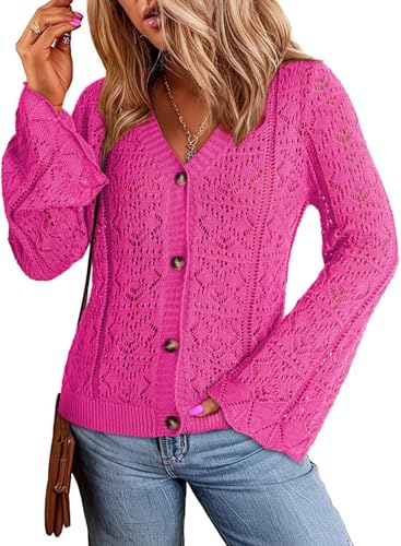 Dokotoo Cardigan Sweaters for Women Long Sleeve Shirts Lightweight Cardigan Button Down Crochet Tops Fall Outfits 2024 Rose