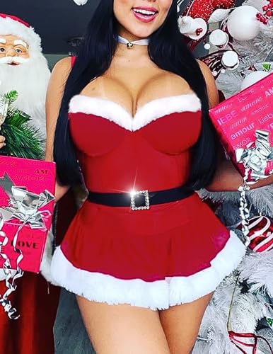 Christmas Costume - Avidlove Christmas Lingerie for Women Sexy Santa Babydoll V Neck Velvet Lingerie with Cute Corset