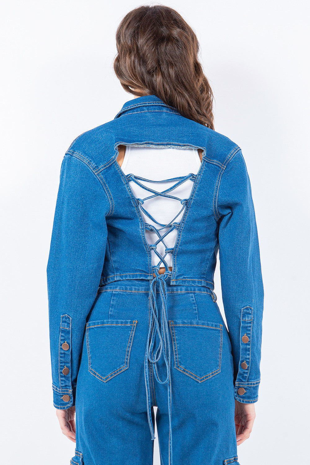 Women's Cropped Denim Jacket with Lace-Up Back