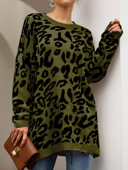 Leopard Round Neck Tunic Sweater Army Green