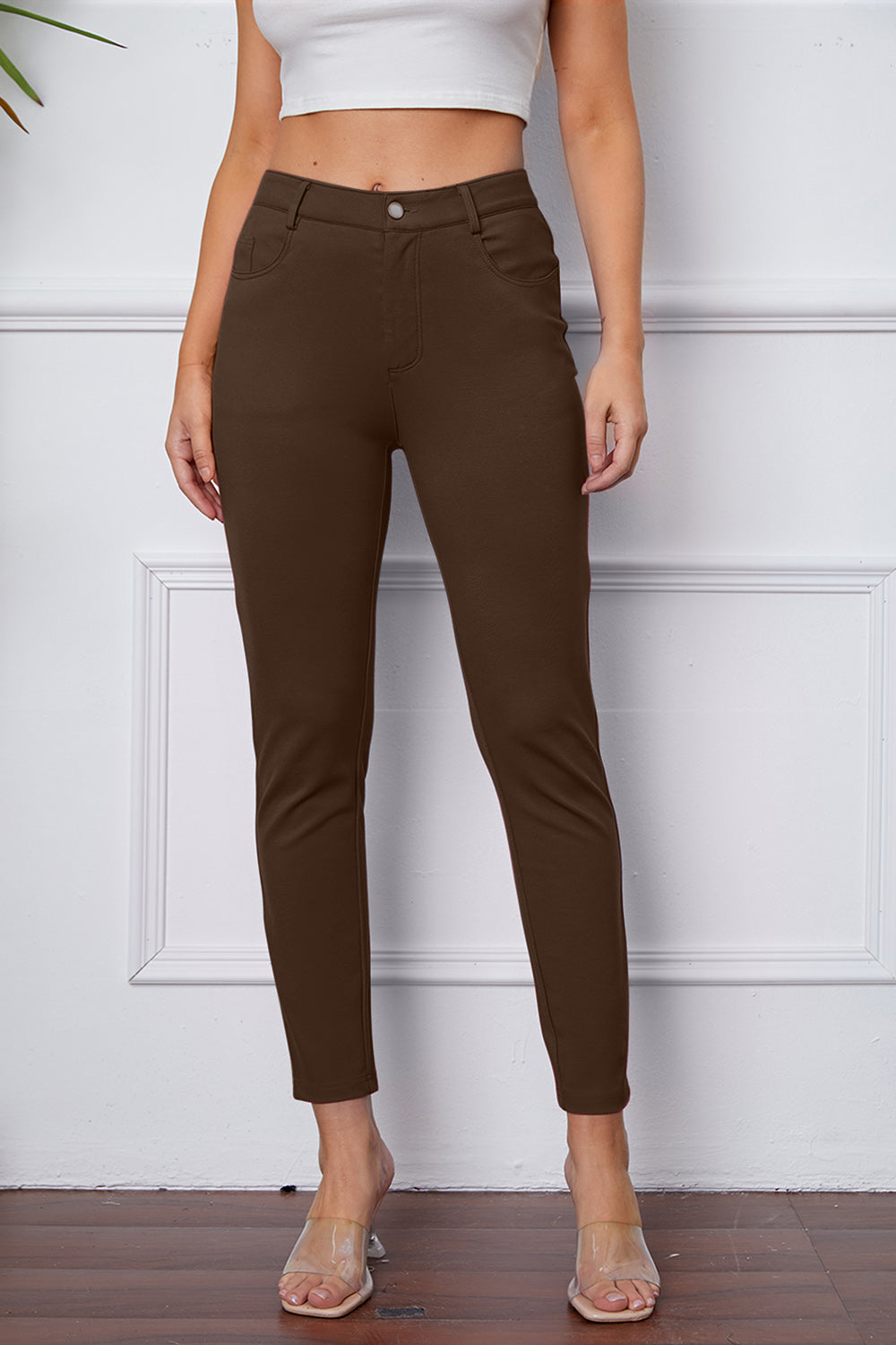 High Waist Stretchy Rayon Blend Pants Coffee Brown