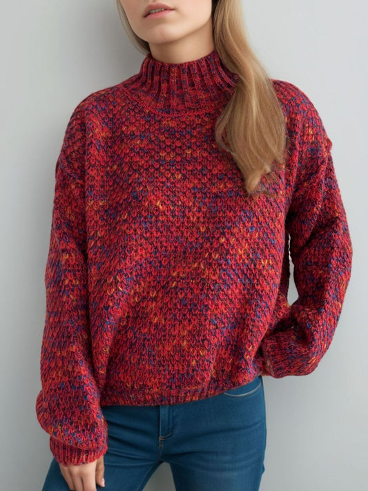 Heathered Turtleneck Dropped Shoulder Sweater Deep Red One Size