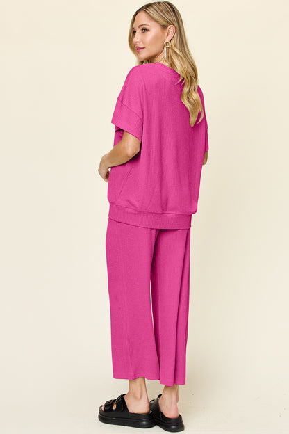 Textured Knit Top and Wide Leg Pant Set