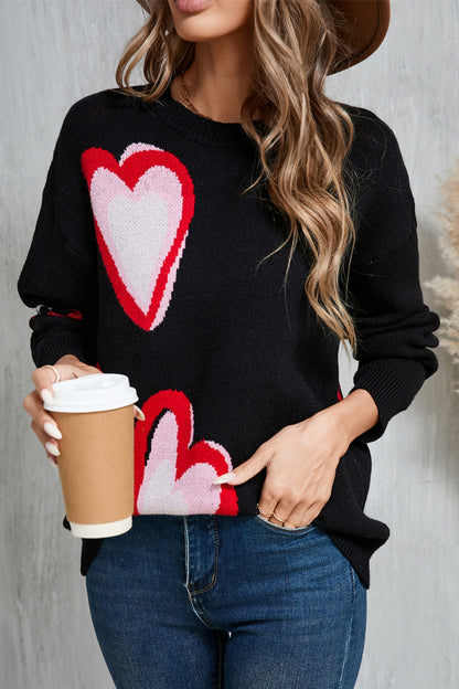 Angel Wings Heart Round Neck Long Sleeve Sweater Black