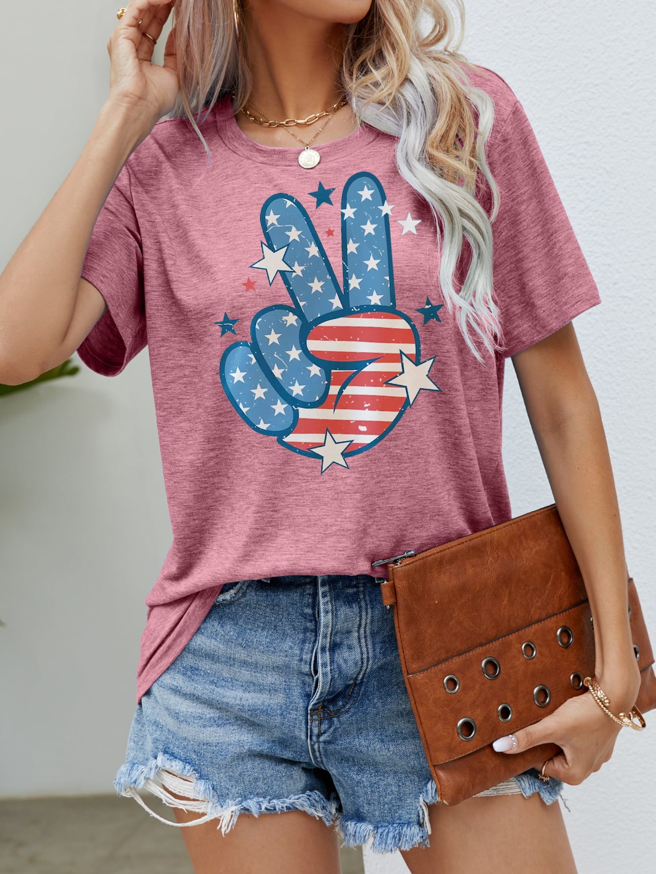 US Flag Peace Sign Hand Graphic Tee Dusty Pink