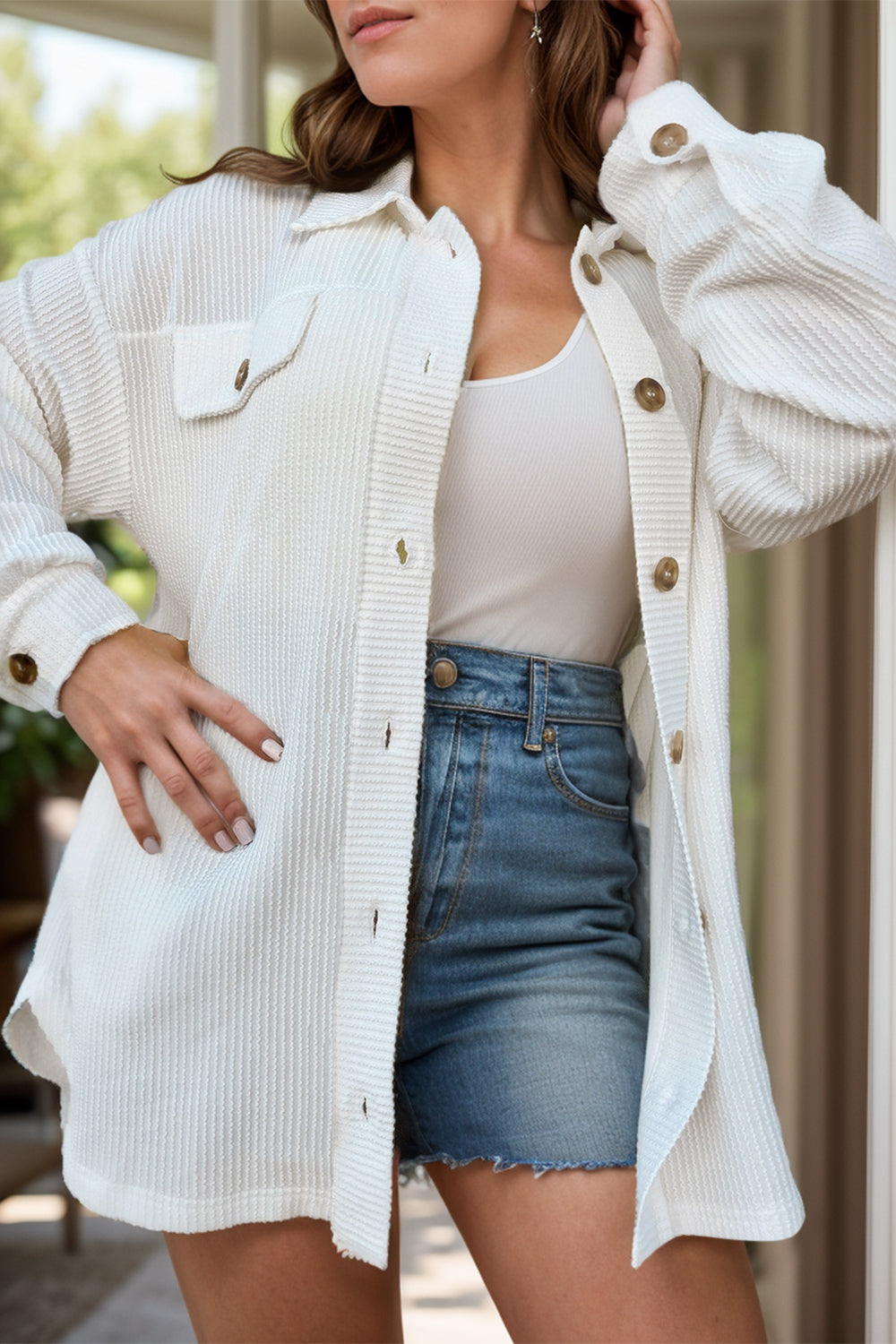 Plus Size Plaid Button-Up Jacket White