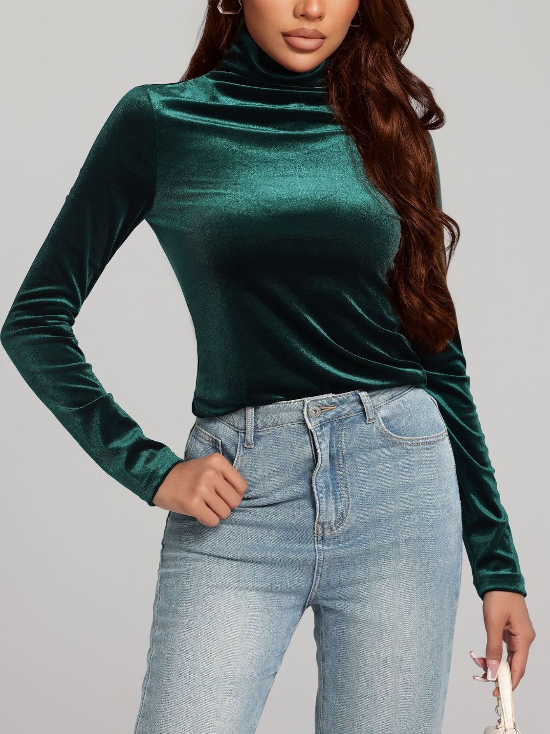 Solid Color Turtleneck Long Sleeve Top Deep Teal