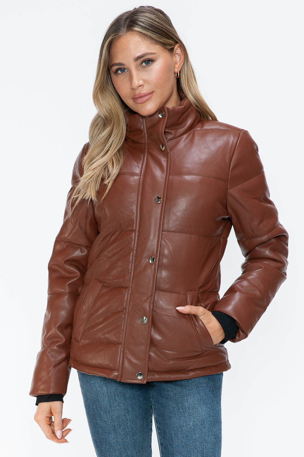 YMI Pocketed Zip Up Turtleneck Puffer Jacket Brandy