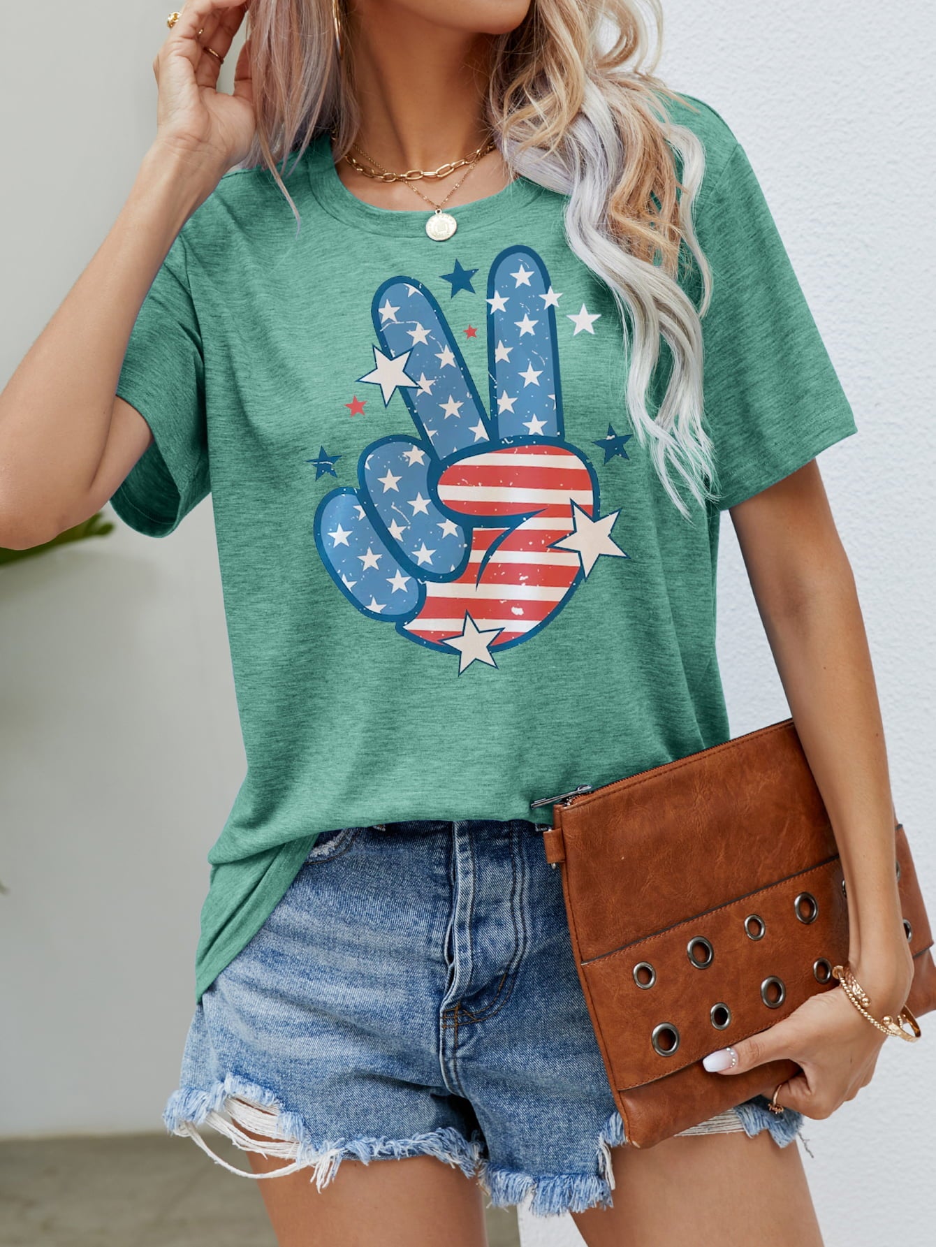 US Flag Peace Sign Hand Graphic Tee Gum Leaf