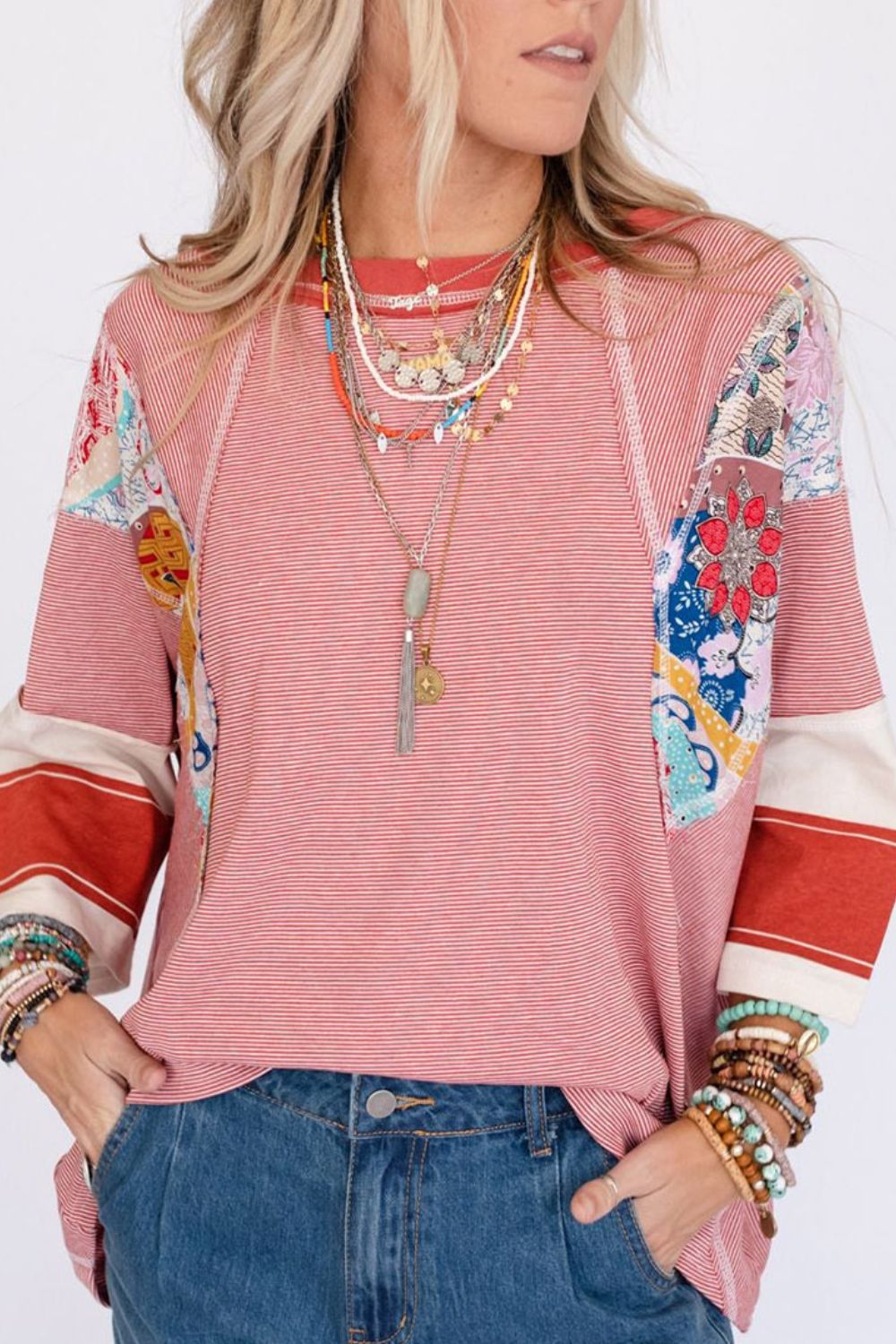 Striped Floral Patchwork Round Neck Top Deep Red