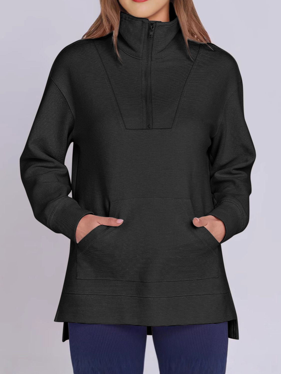 ฺHigh-Low Quarter Zip Long Sleeve Sweatshirt Black