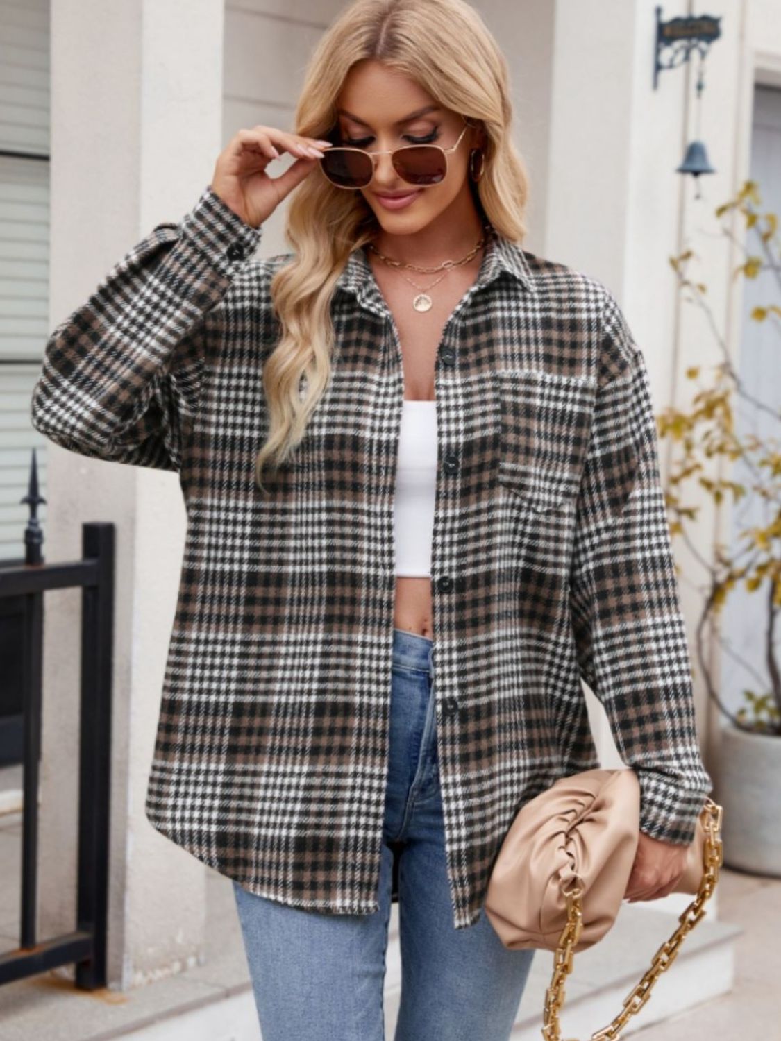 Stretchy Plaid Button-Down Shirt