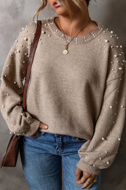 Plus Size Pearl Detail Round Neck Long Sleeve Sweater Dust Storm