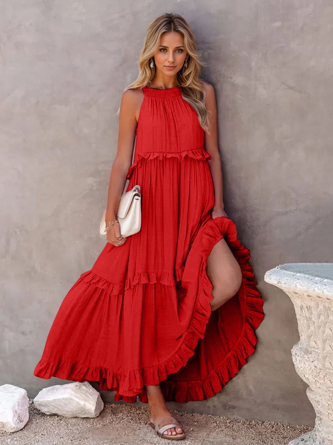 Smocked Tiered Maxi Dress with Pockets Red