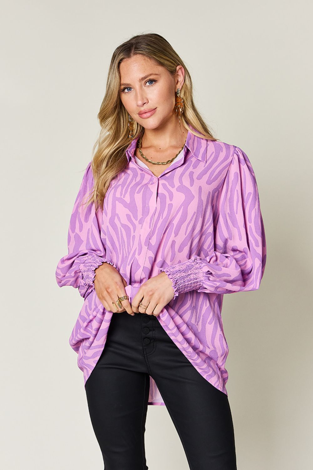 Smocked Long Sleeve Top with Alluring Print Lavender