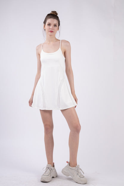 VERY J Mesh Detail Tennis Mini Active Dress with Shorts Inside White