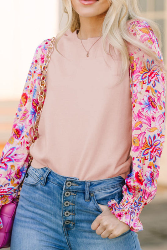 Printed Round Neck Flounce Sleeve Sweater Blush Pink