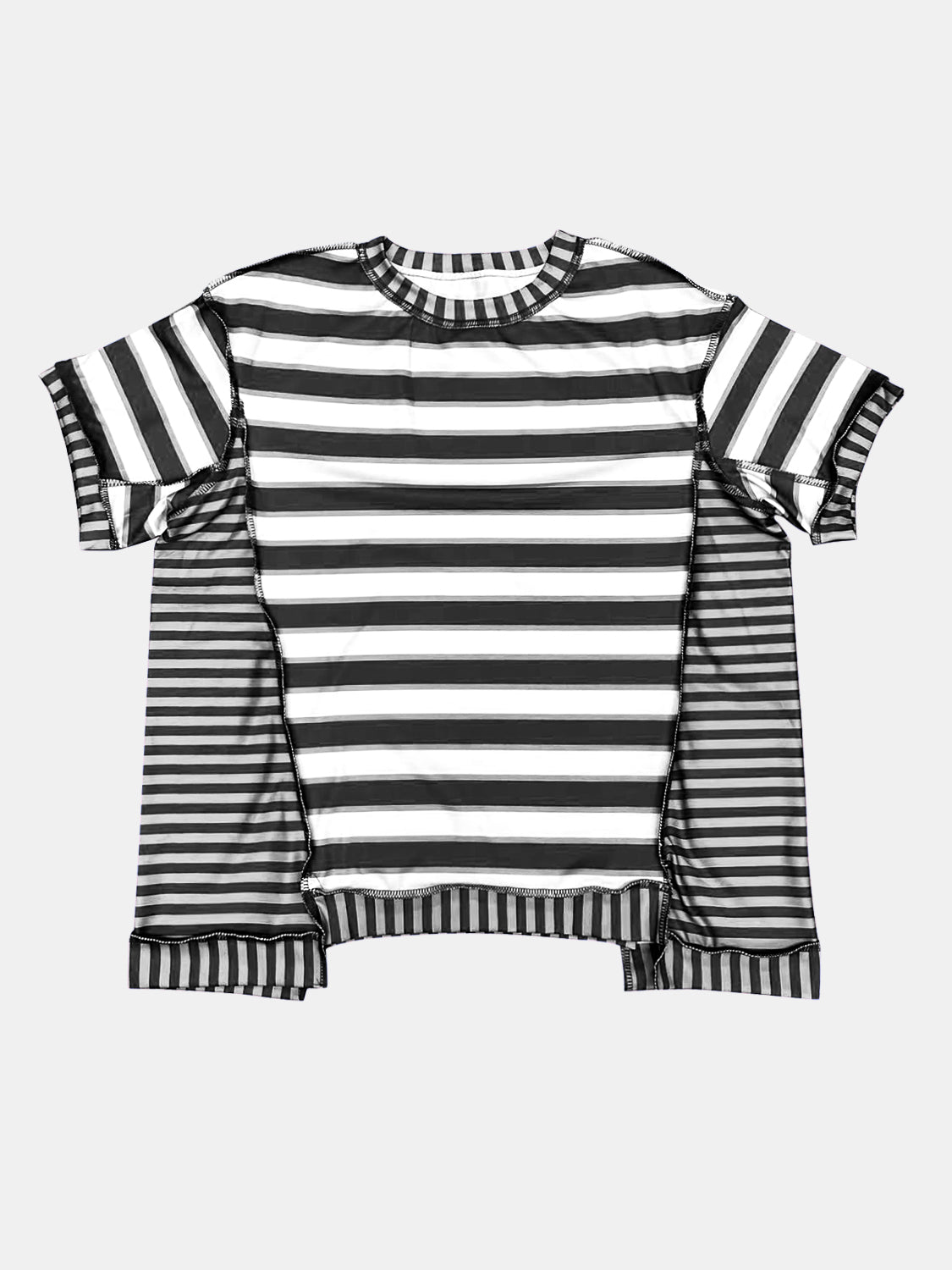 Full Size Contrast Stitching Striped Round Neck T-Shirt Black