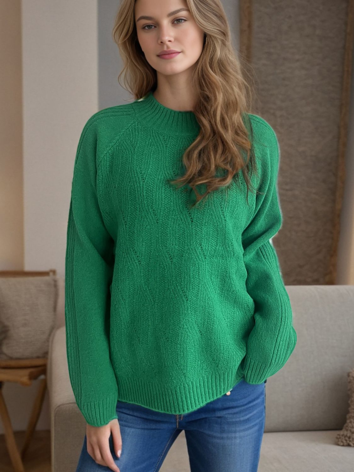 Mock Neck Long Sleeve Sweater Dark Green One Size