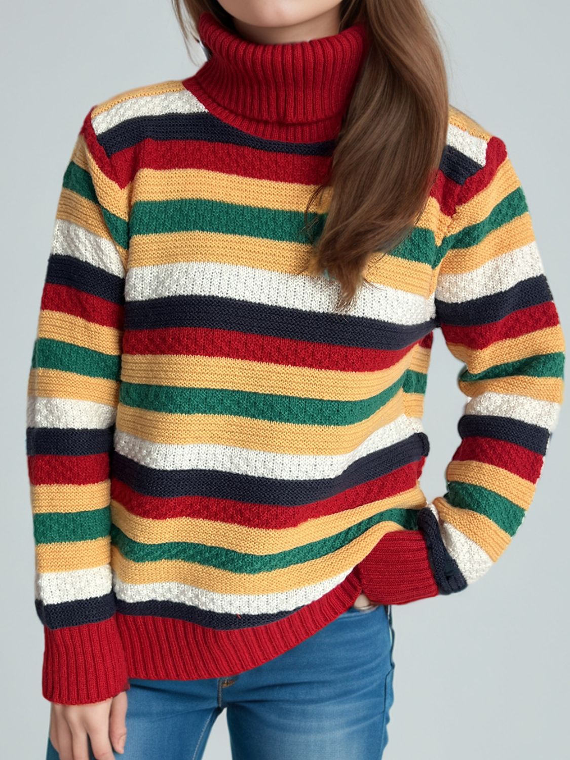 Contrast Stripes Turtleneck Long Sleeve Sweater Scarlet One Size