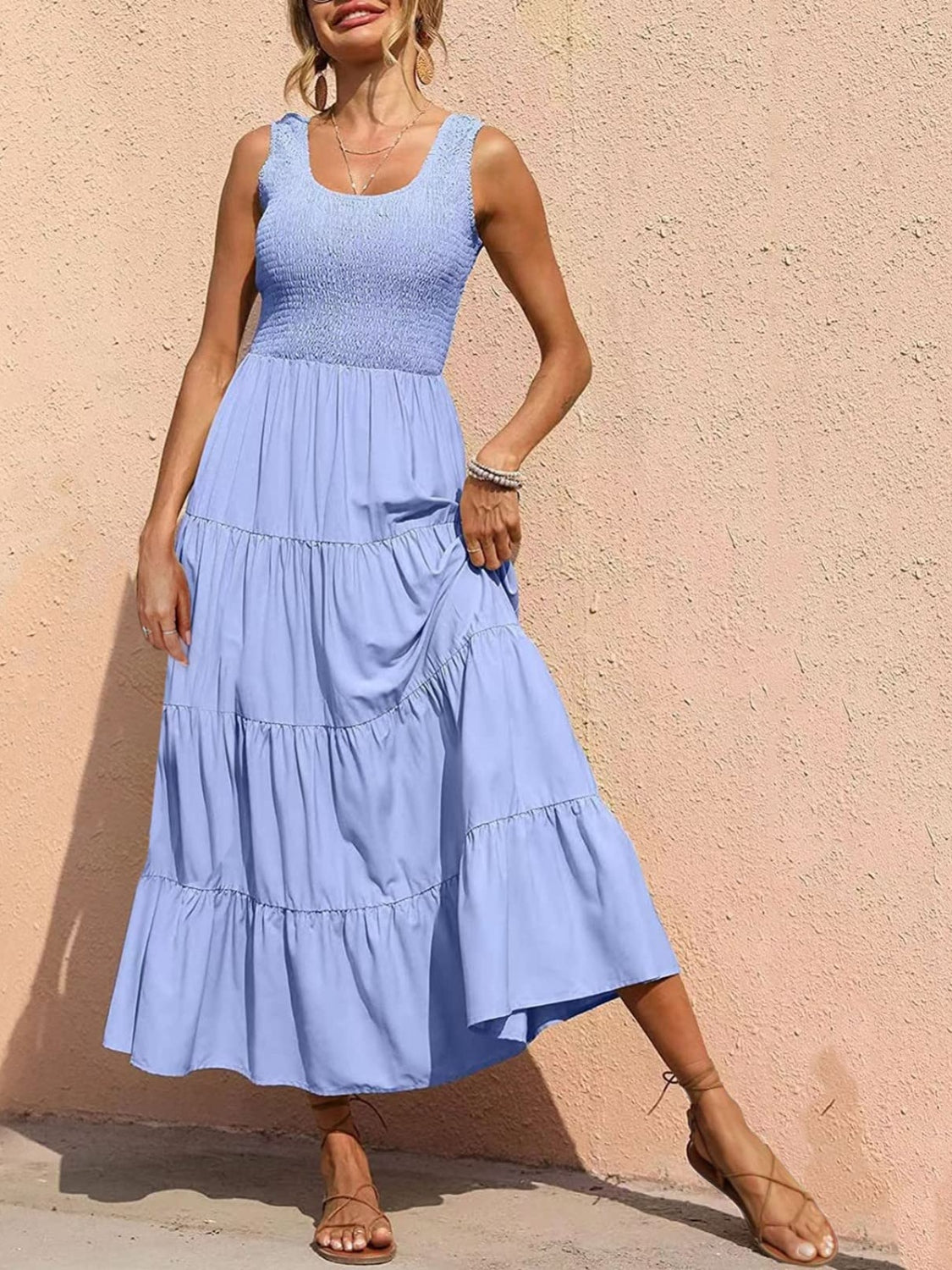 Smocked Tiered Midi Dress with Wide Straps Misty Blue