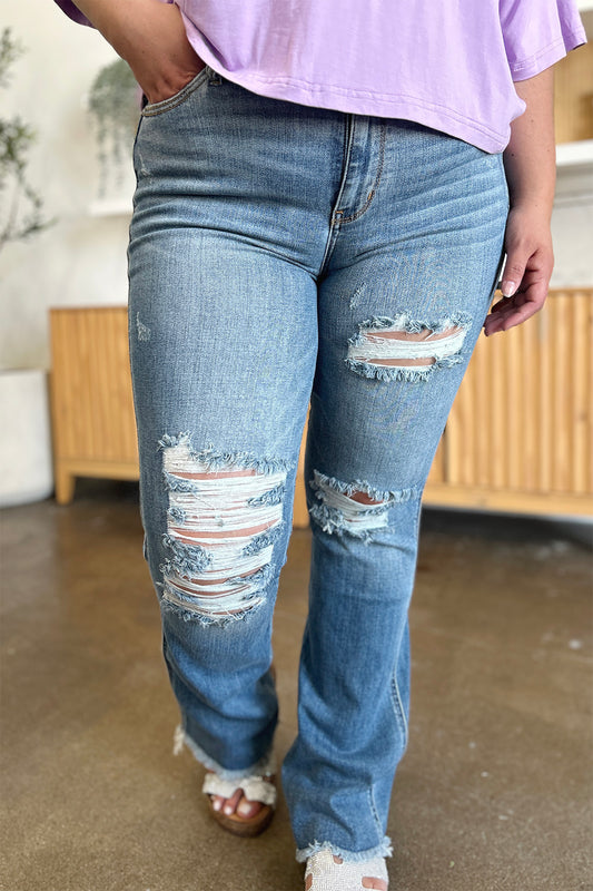 Judy Blue Full Size Distressed Raw Hem Bootcut Jeans Medium