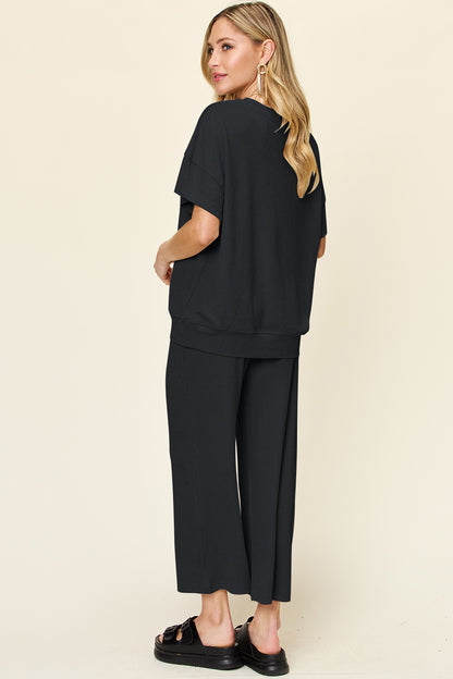 Textured Knit Top and Wide Leg Pant Set