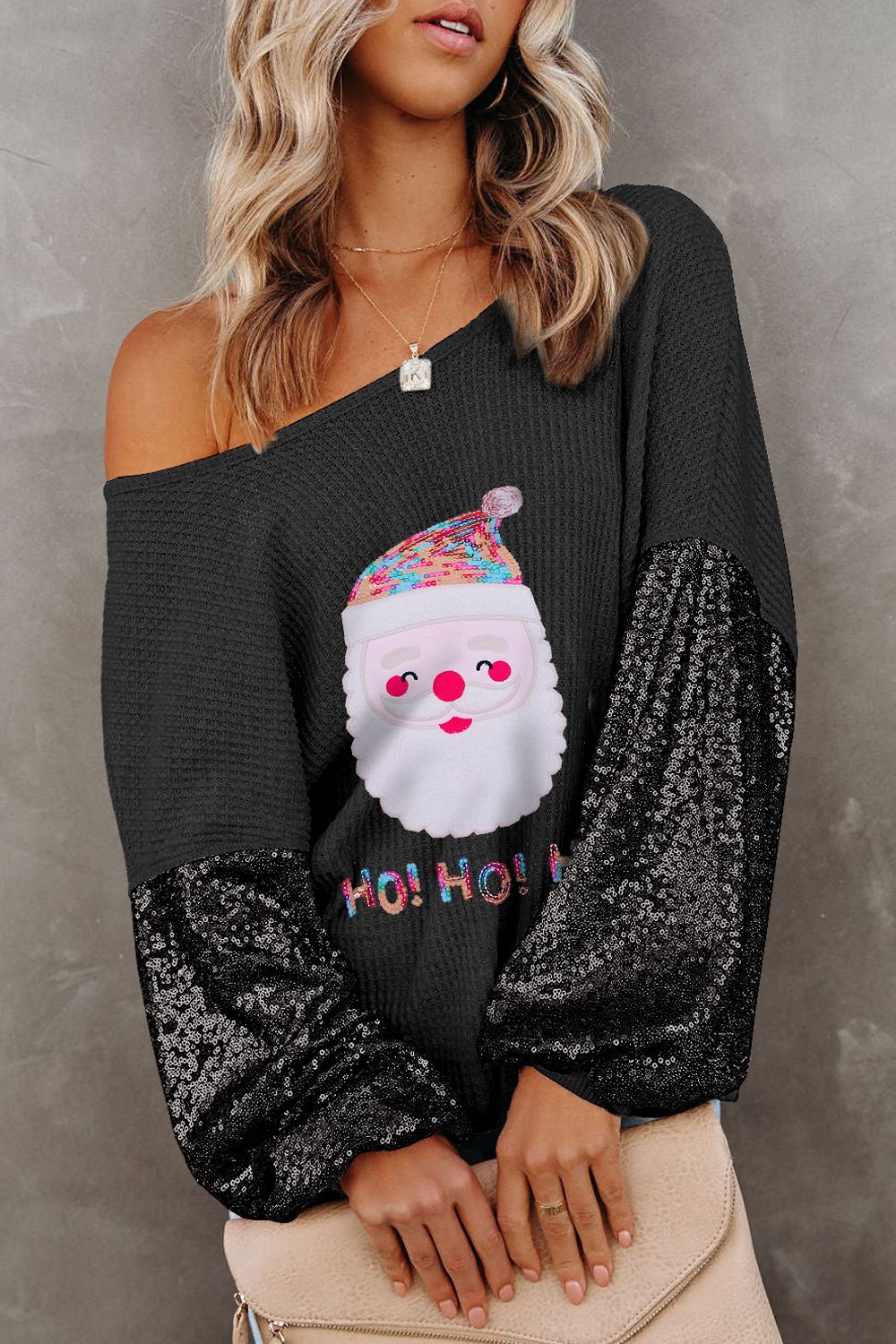 Waffle-Knit Santa Graphic Sequin Long Sleeve Blouse Black