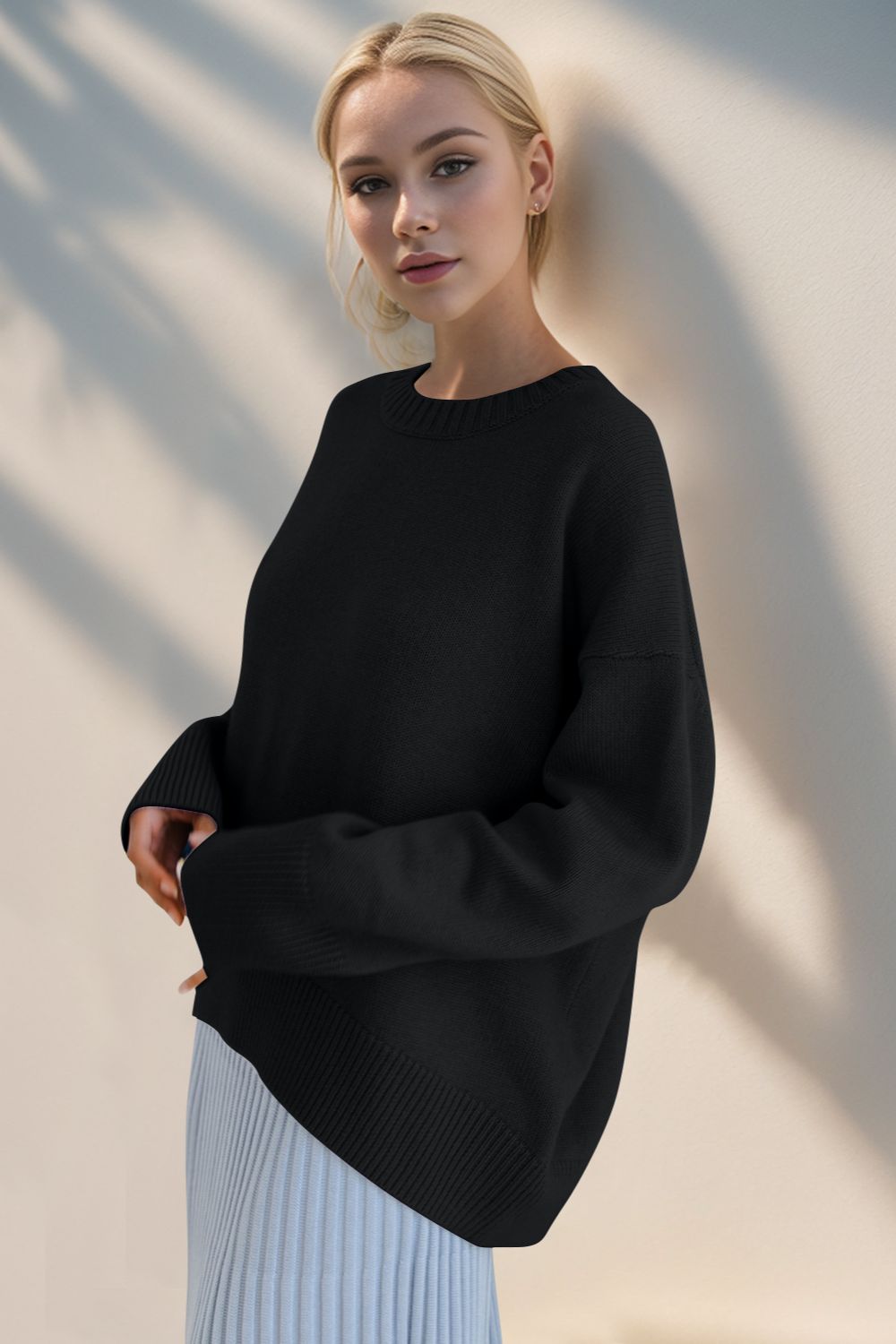 Basic Bae Round Neck Dropped Shoulder Sweater Black One Size