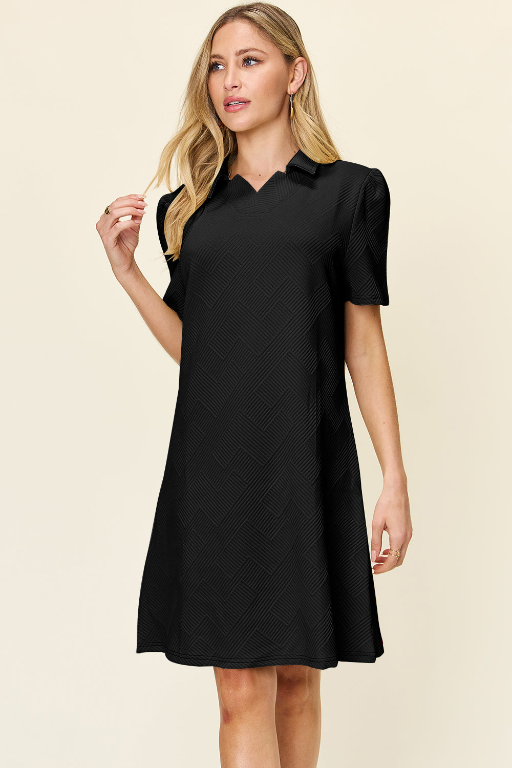 Textured Collared Short Sleeve Dress Black