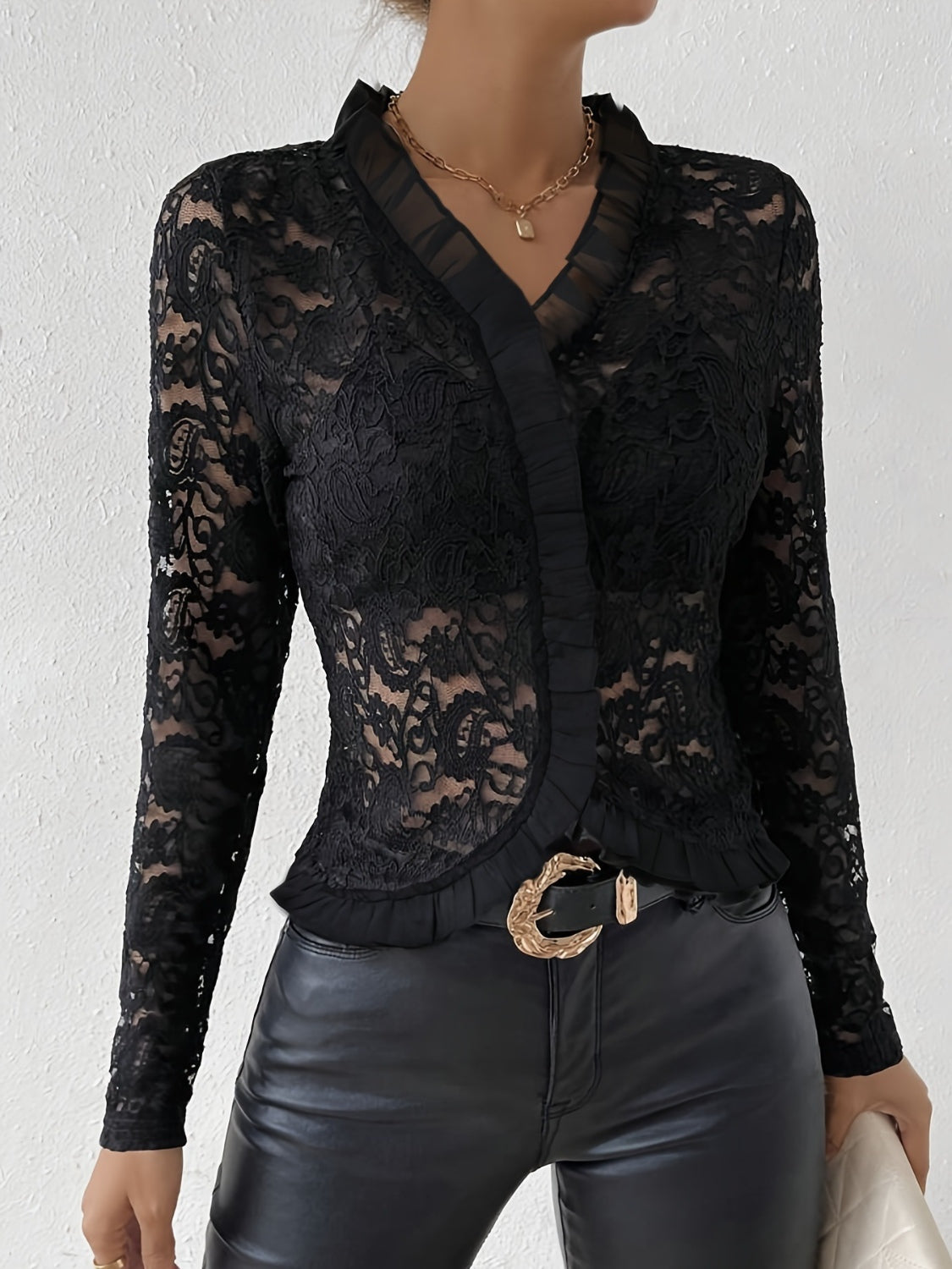 Ruffled V-Neck Long Sleeve Lace Top Black