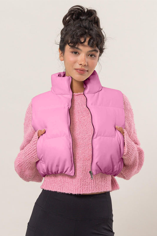 HYFVE Leather Zip Up Cropped Puffer Vest Rose Pink