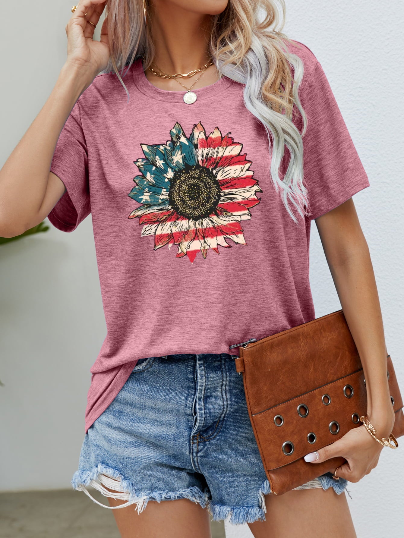 US Flag Flower Graphic Tee Dusty Pink