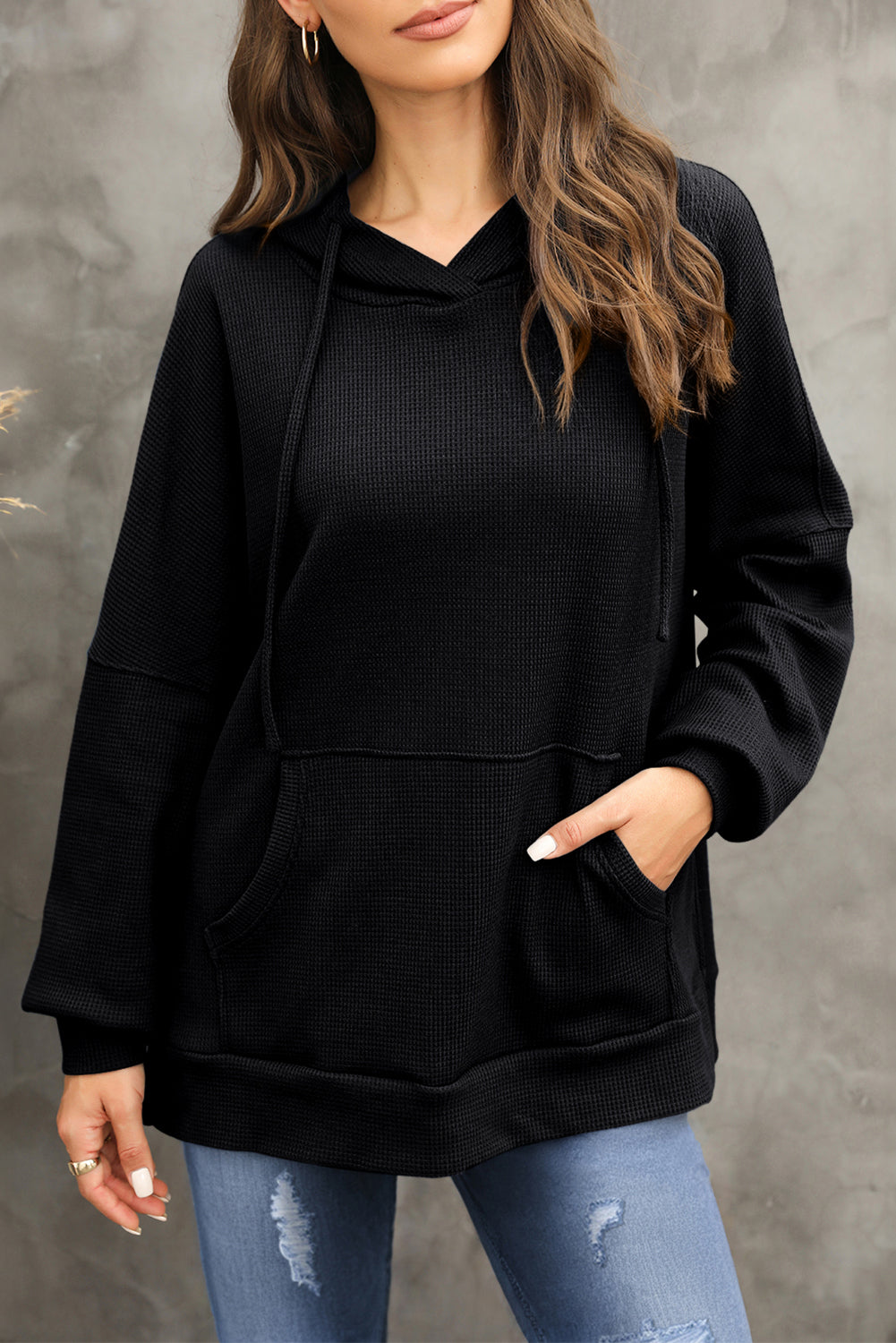 Cozy Waffle Knit Back-to-School Hoodie Black