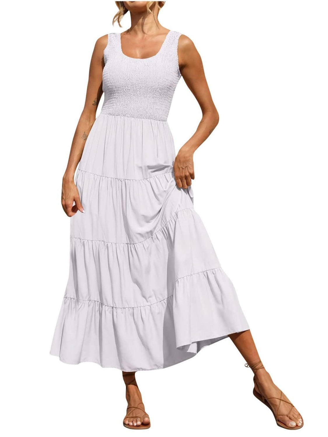 Smocked Tiered Midi Dress with Wide Straps