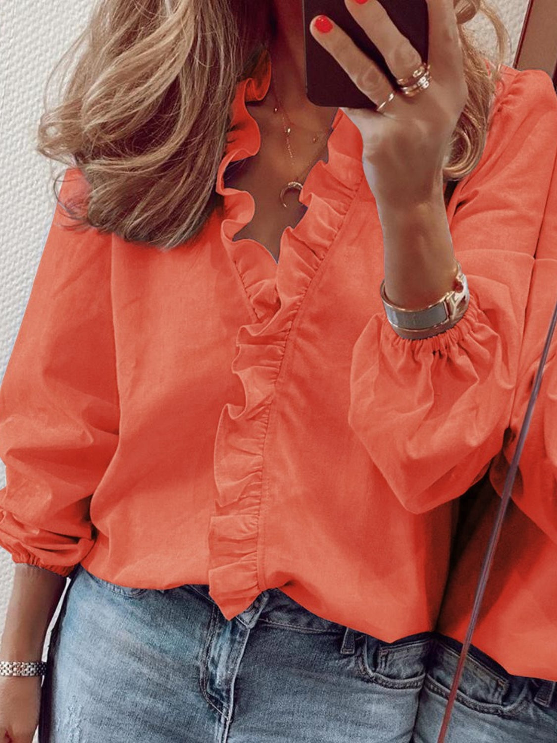 Full Size Ruffled V-Neck Long Sleeve Blouse Pumpkin