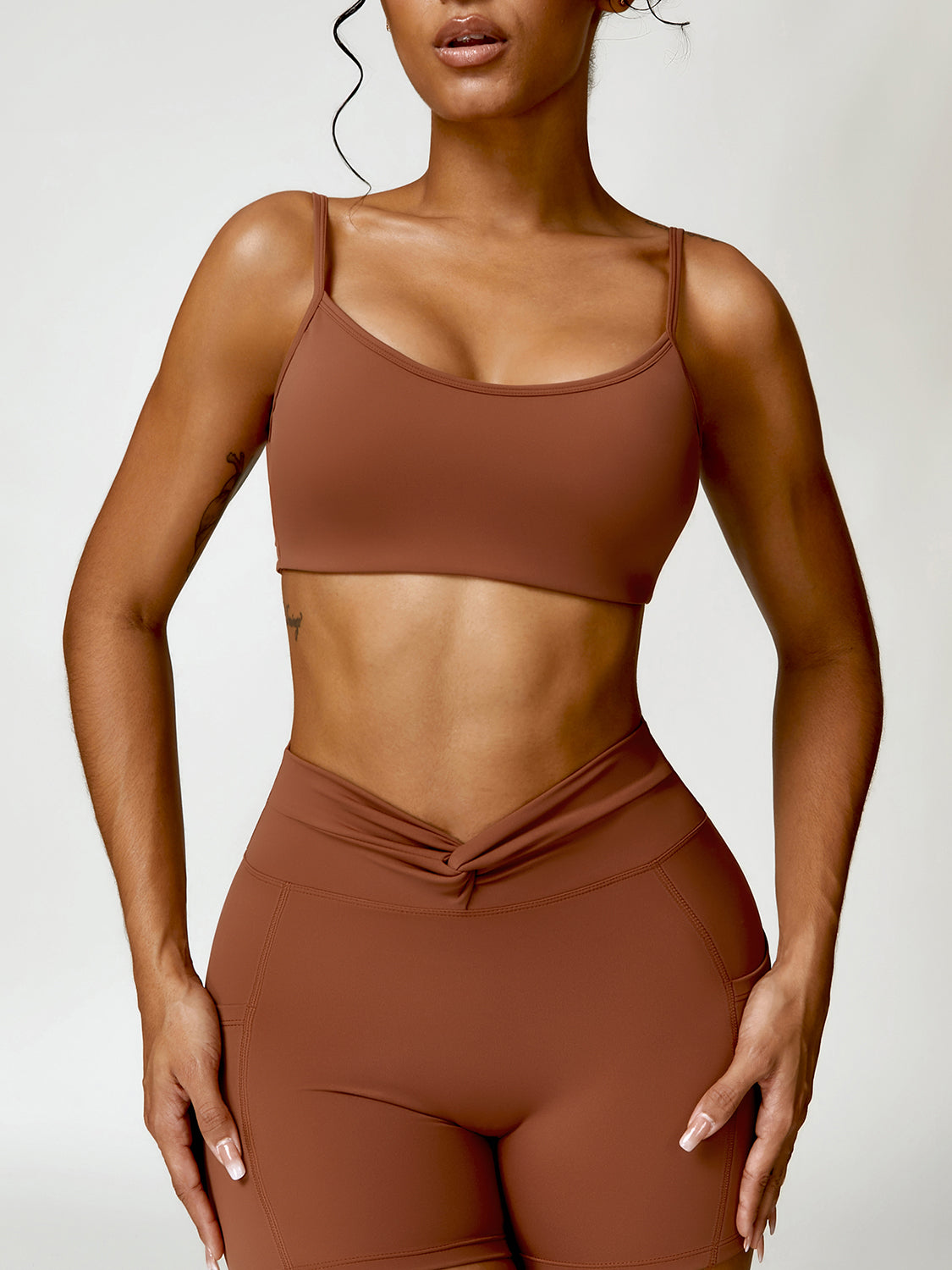 Twist Back Backless Spaghetti Strap Active Bra Brown