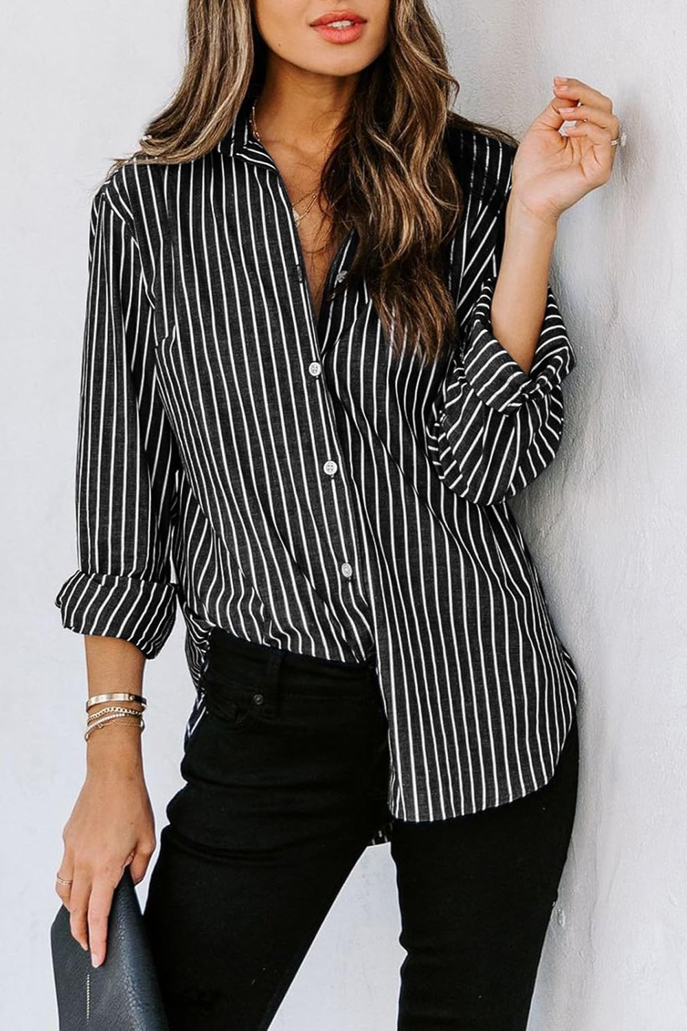 Striped Button-Down Shirt Black