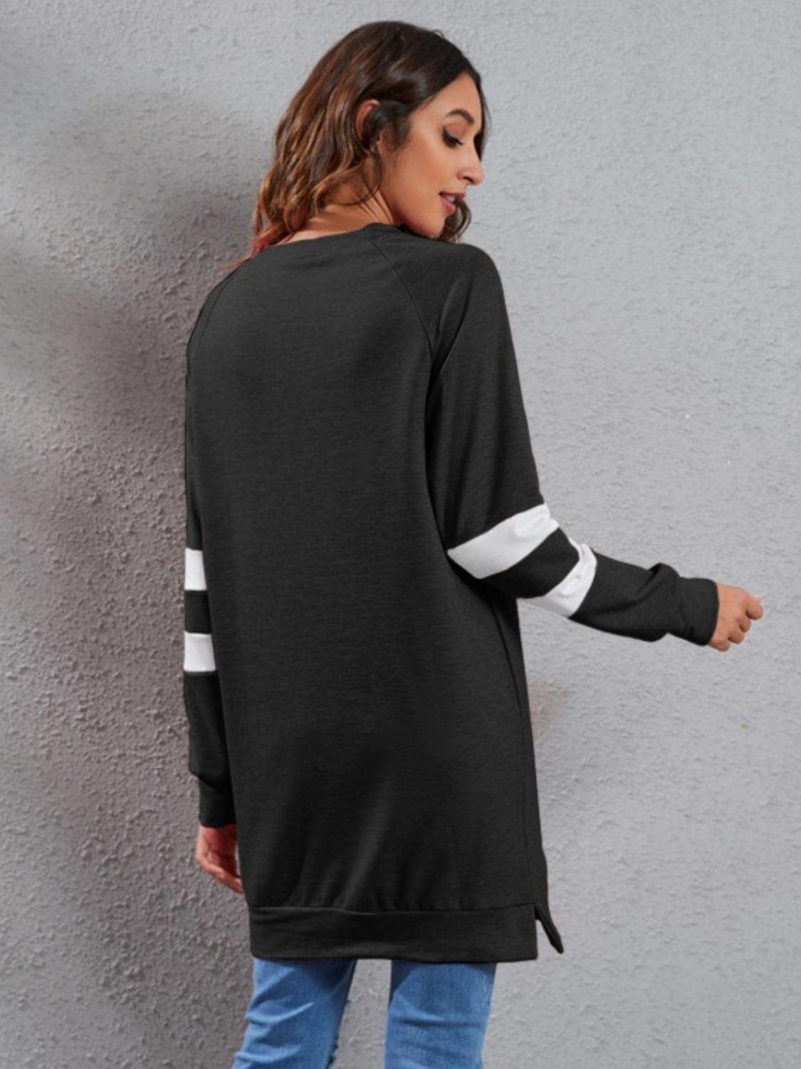 Full Size Striped Round Neck Long Sleeve T-Shirt Black