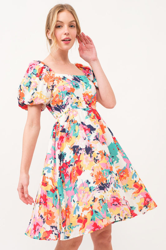 And The Why Square Neck Puff Sleeve Floral Dress Multi