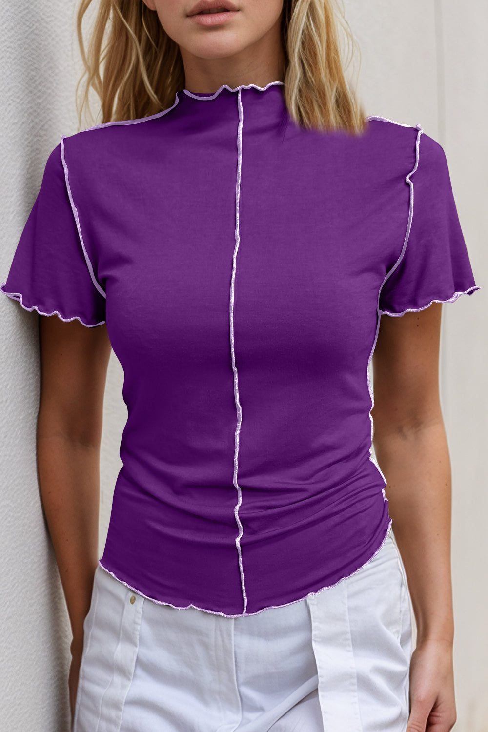 Basic Bae Contrast Trim Mock Neck Short Sleeve T-Shirt Purple