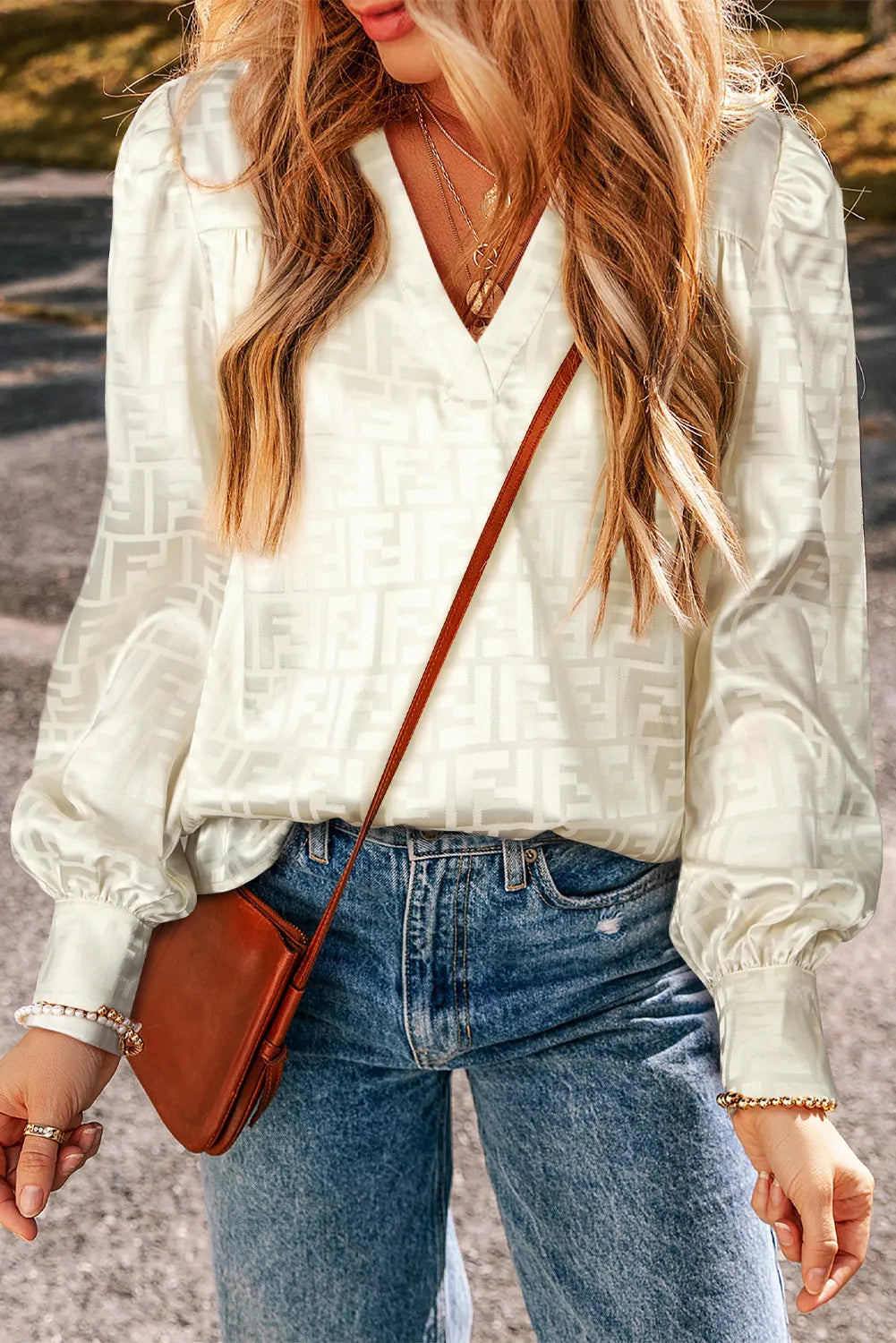 Geometric V-Neck Long Sleeve Blouse Ivory