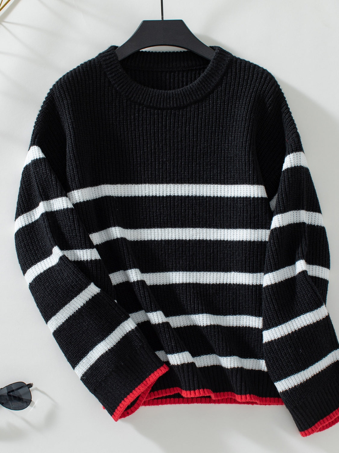 Striped Round Neck Dropped Shoulder Sweater Black