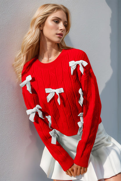 Double Take Full Size Bow Cable-Knit Round Neck Sweater Red