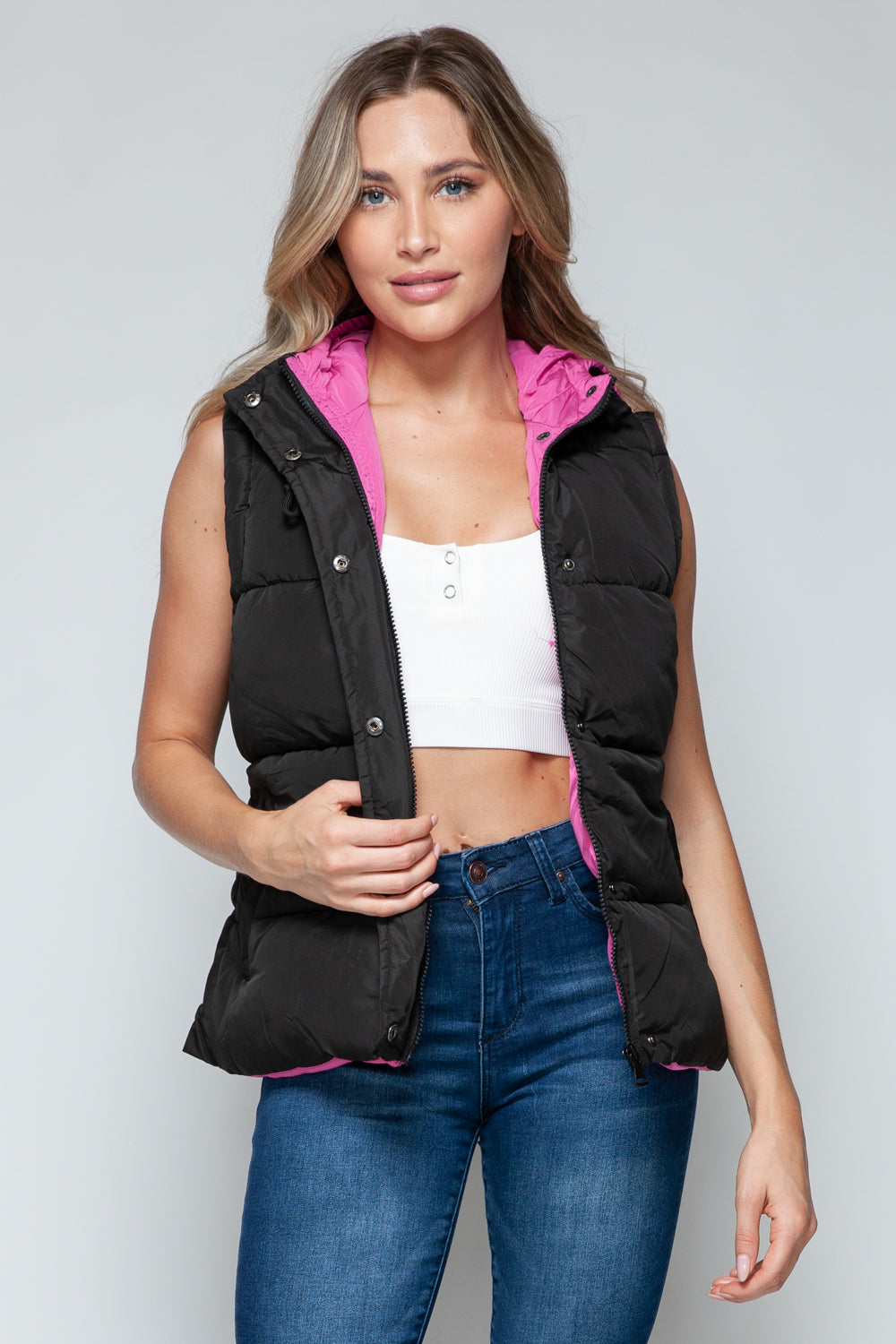 Snobbish Snap and Zip Closure Hooded Vest Black Rose Violet