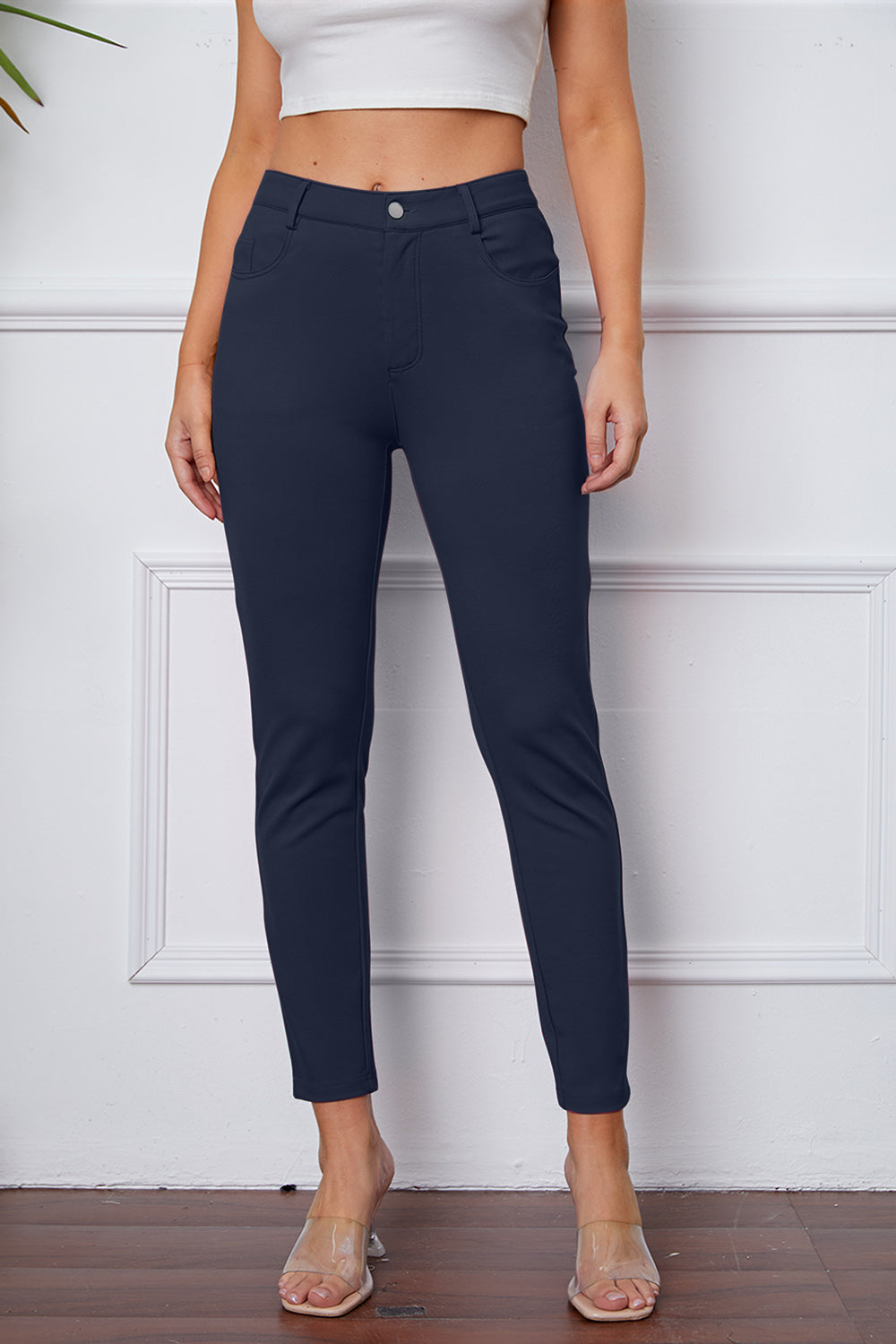 High Waist Stretchy Rayon Blend Pants Navy